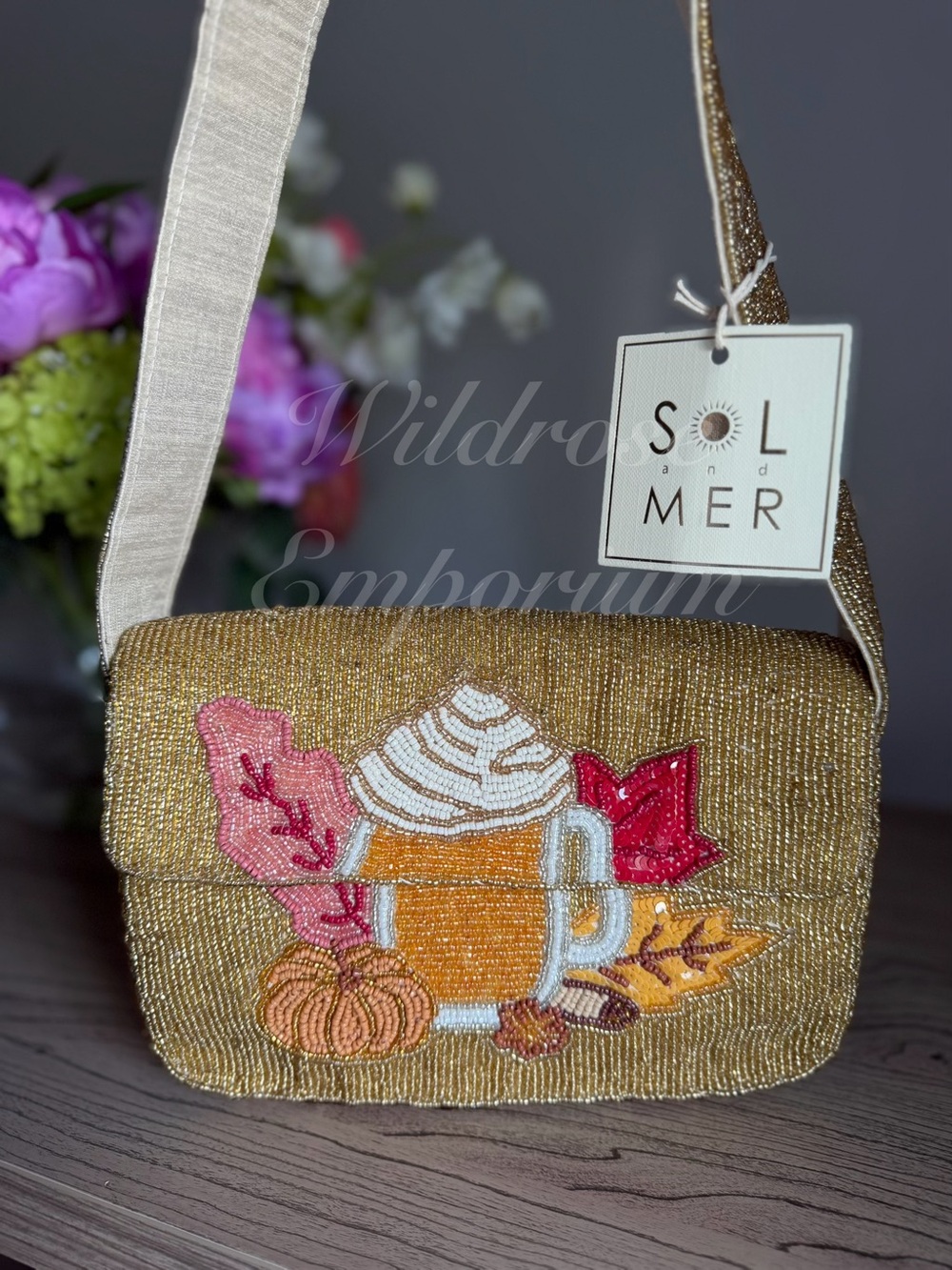 TikTok Viral Sol Mer Pumpkin Spice Latte coffee fall autumn leaves Beaded Bag